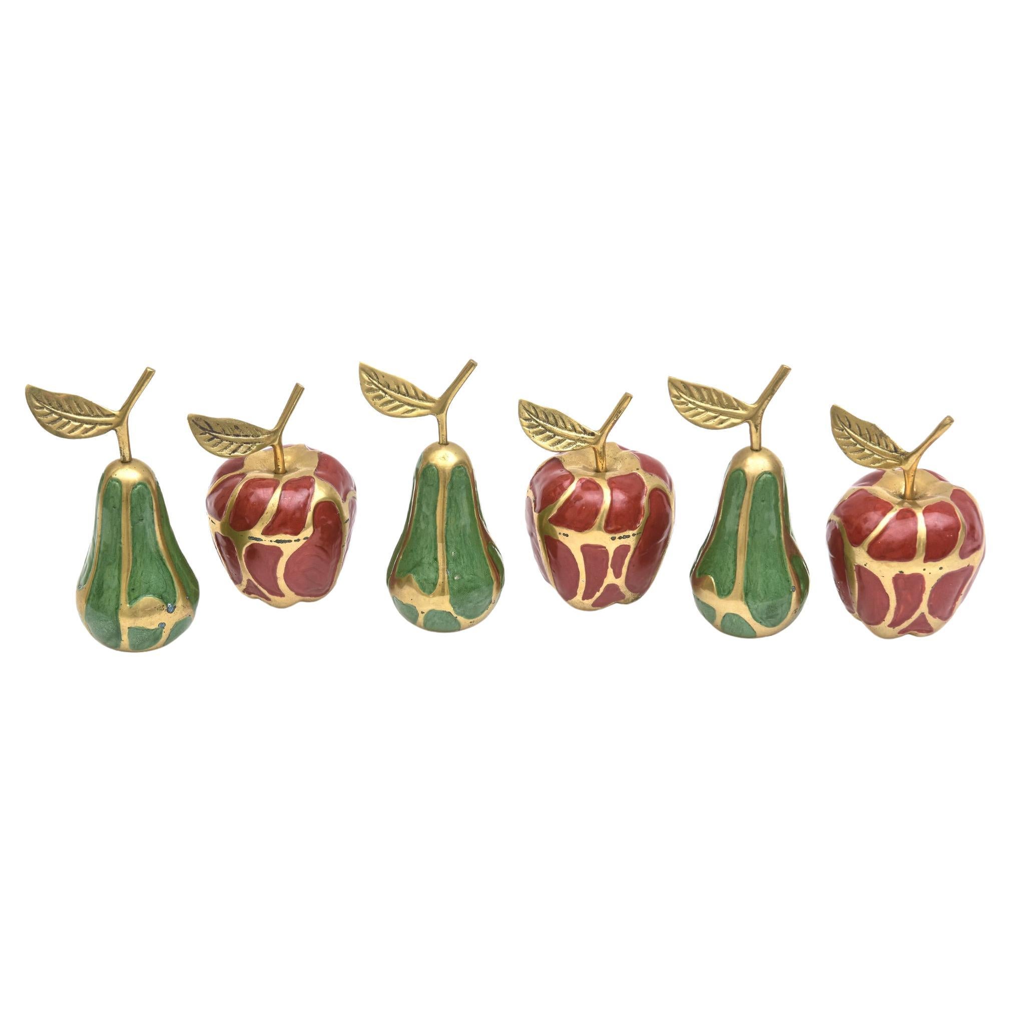 Enamel and Brass Red , Green Apple and Pear Object Sculptures Set Of 6 Vintage