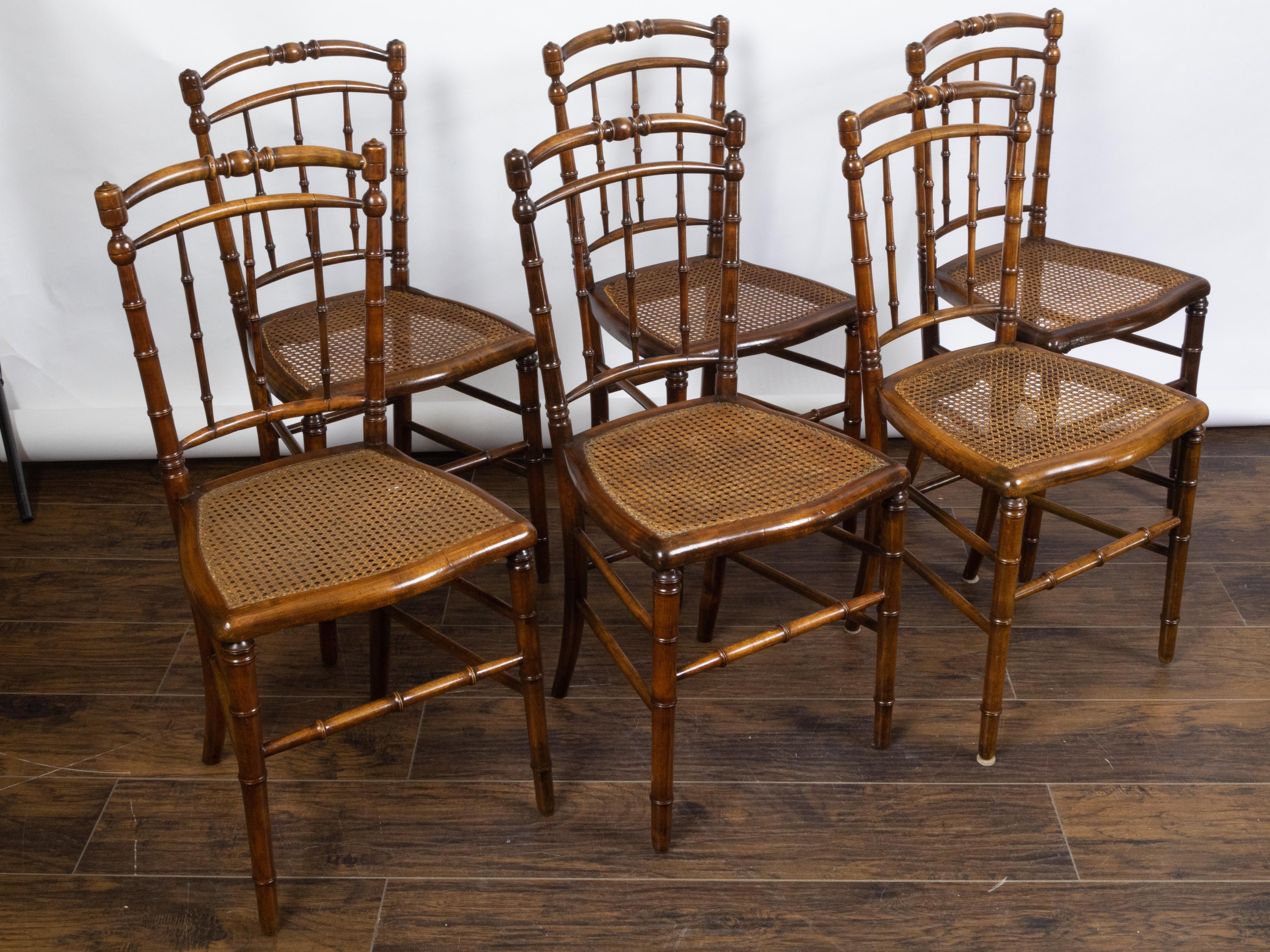 Set of Six English 1900s Faux Bamboo Walnut Side Chairs with Cane Seats For Sale 3