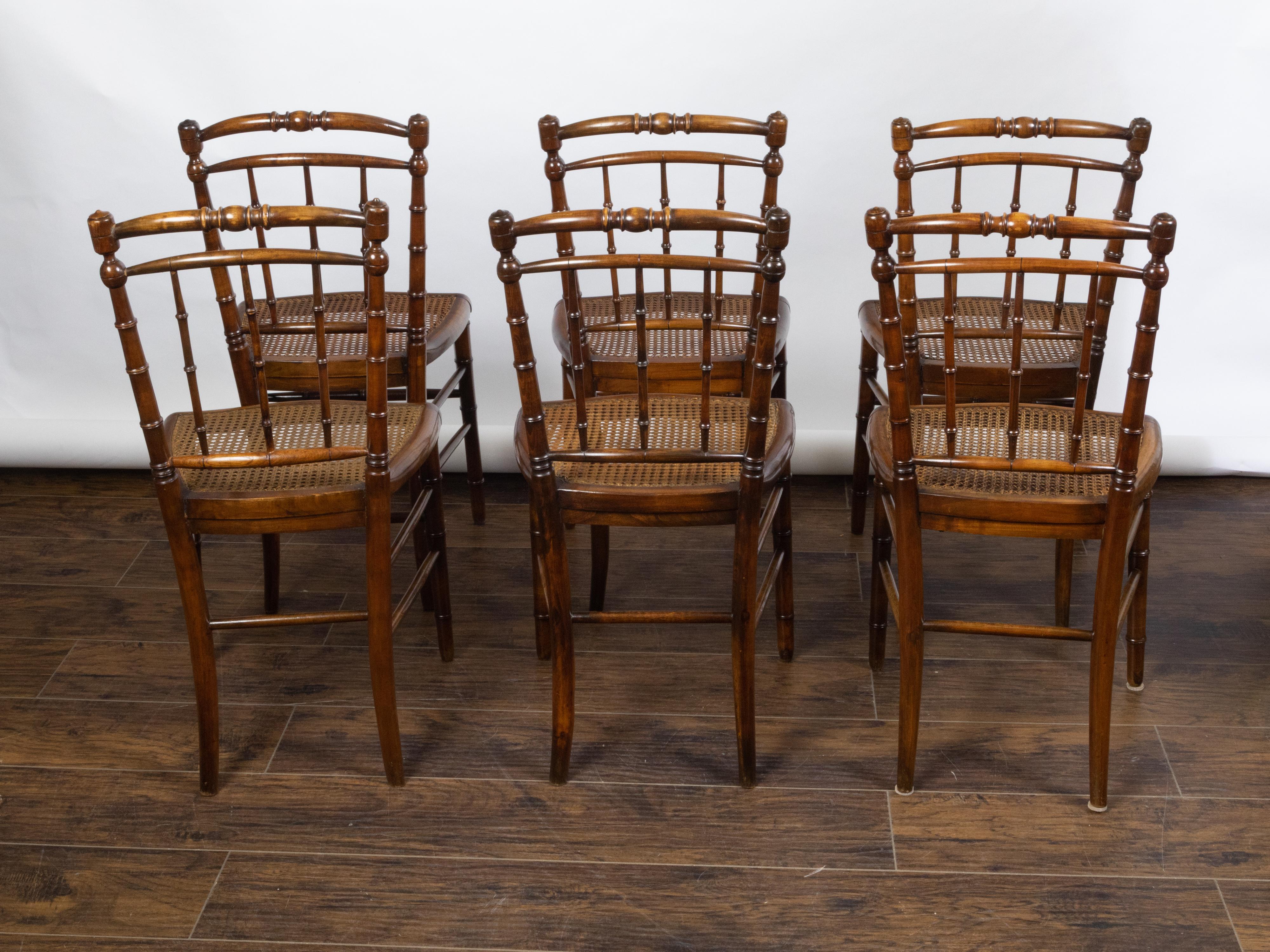 Set of Six English 1900s Faux Bamboo Walnut Side Chairs with Cane Seats For Sale 5