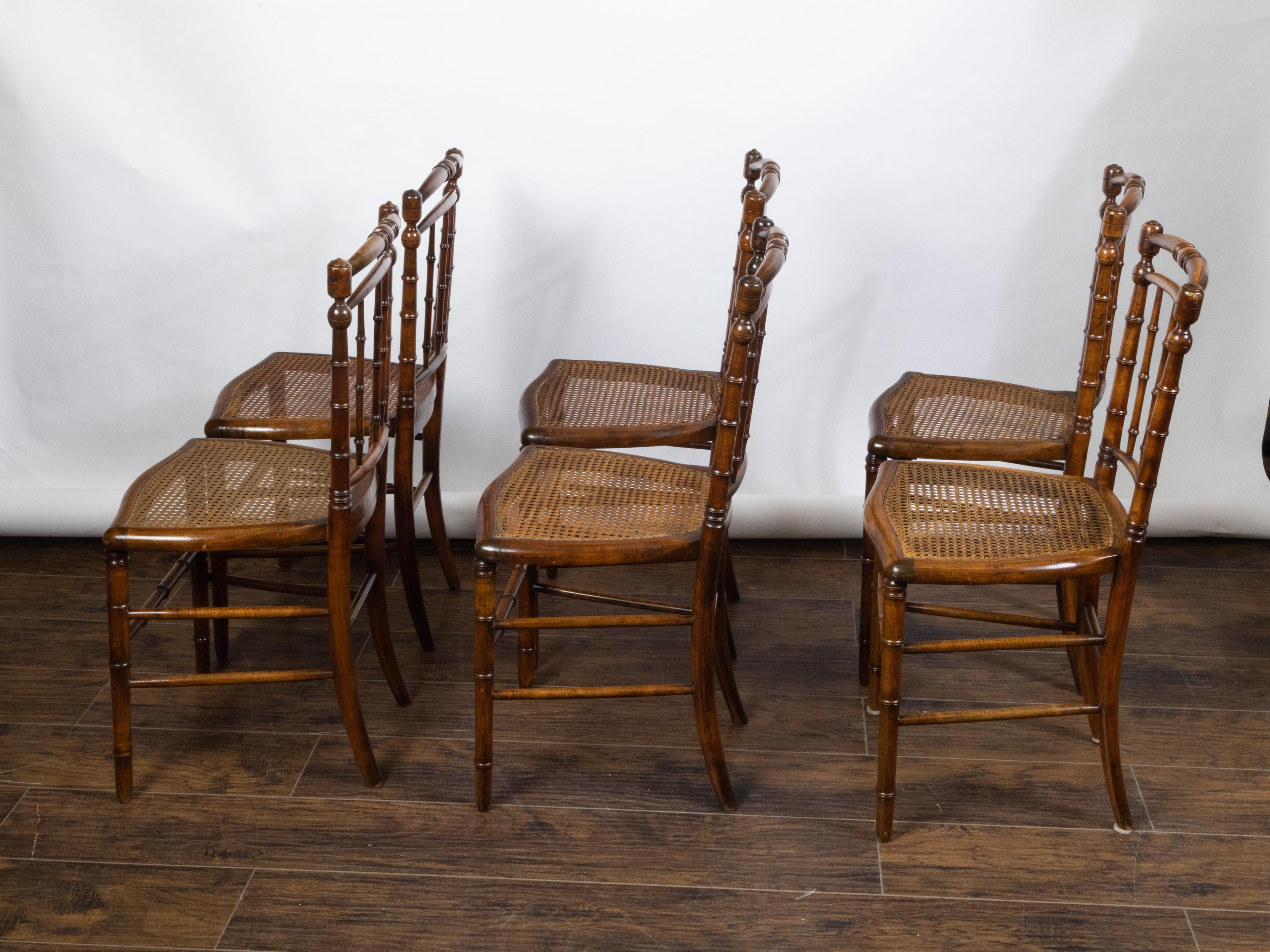 Set of Six English 1900s Faux Bamboo Walnut Side Chairs with Cane Seats For Sale 6