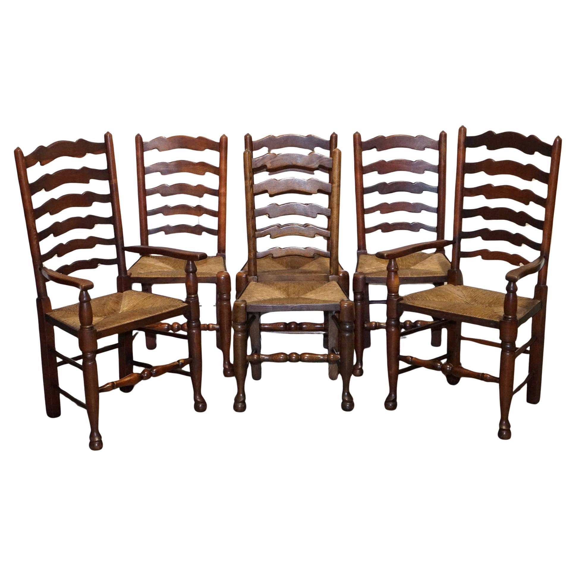 SET OF SIX ENGLISH ANTIQUE CIRCA 1910 LADDERBACK RUSH SEAT DINING CHAiRS