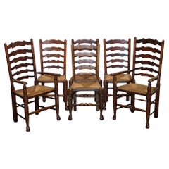 SET OF SIX ENGLISH ANTIQUE CIRCA 1910 LADDERBACK RUSH SEAT DINING CHAiRS