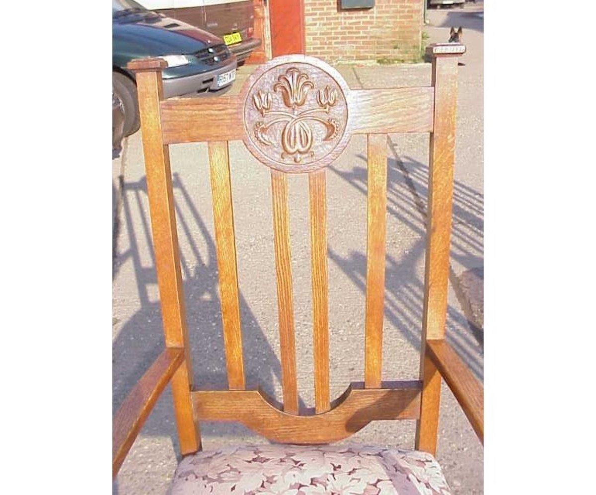 Arts and Crafts Set of Six English Arts & Crafts Oak Dining Chairs with Carved Floral Roundels For Sale