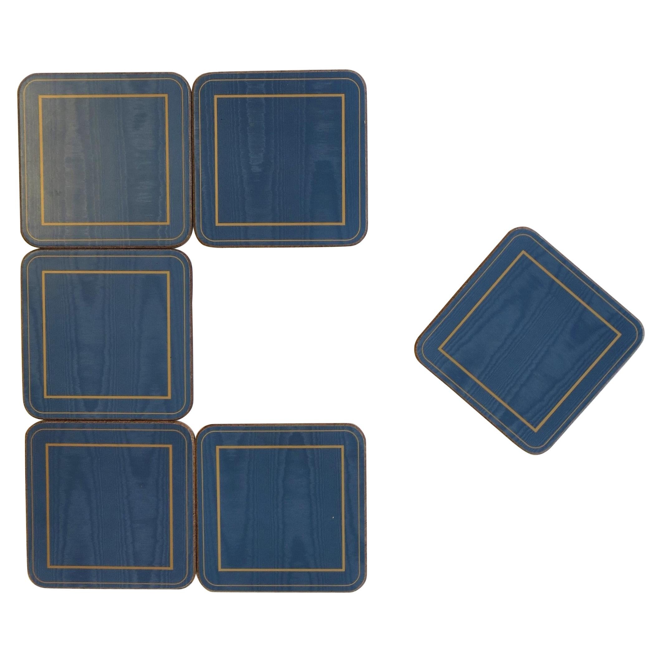 Set of Six English Blue and Gold Cocktail or Drinks Coasters