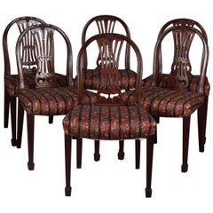 Set of Six English Carved Mahogany Ribbon Back Upholstered Dining Chairs