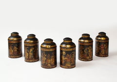 Set of Six English Chinoiserie Black and Gilt-Painted Tole Tea Canisters
