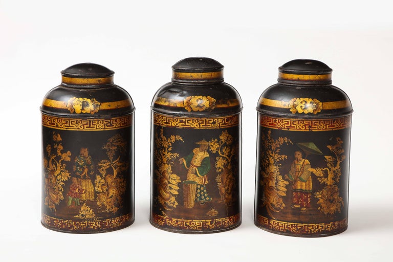 Hand-Painted Set of Six English Chinoiserie Black and Gilt-Painted Tole Tea Canisters For Sale
