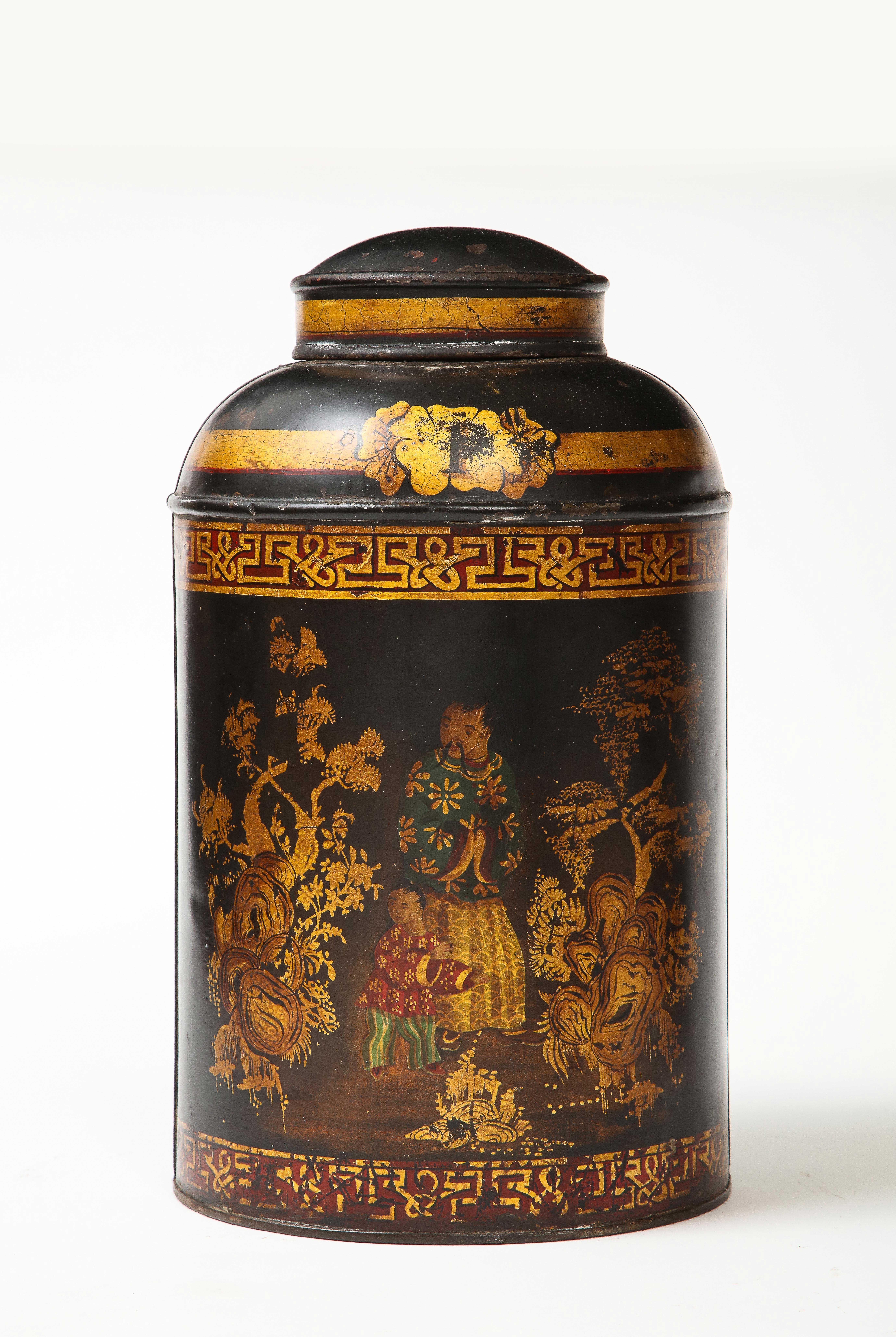 Hand-Painted Set of Six English Chinoiserie Black and Gilt-Painted Tole Tea Canisters