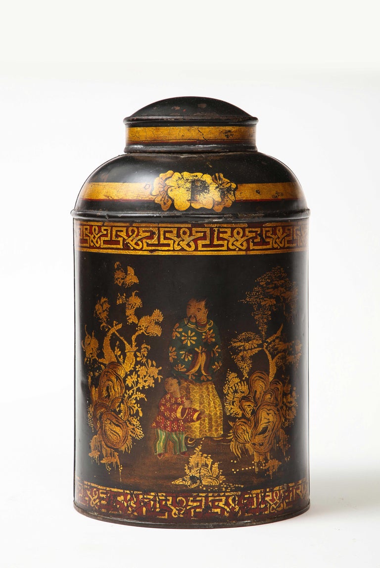 Set of Six English Chinoiserie Black and Gilt-Painted Tole Tea Canisters In Good Condition For Sale In New York, NY
