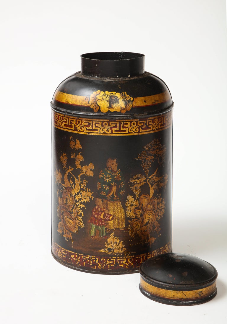 19th Century Set of Six English Chinoiserie Black and Gilt-Painted Tole Tea Canisters For Sale