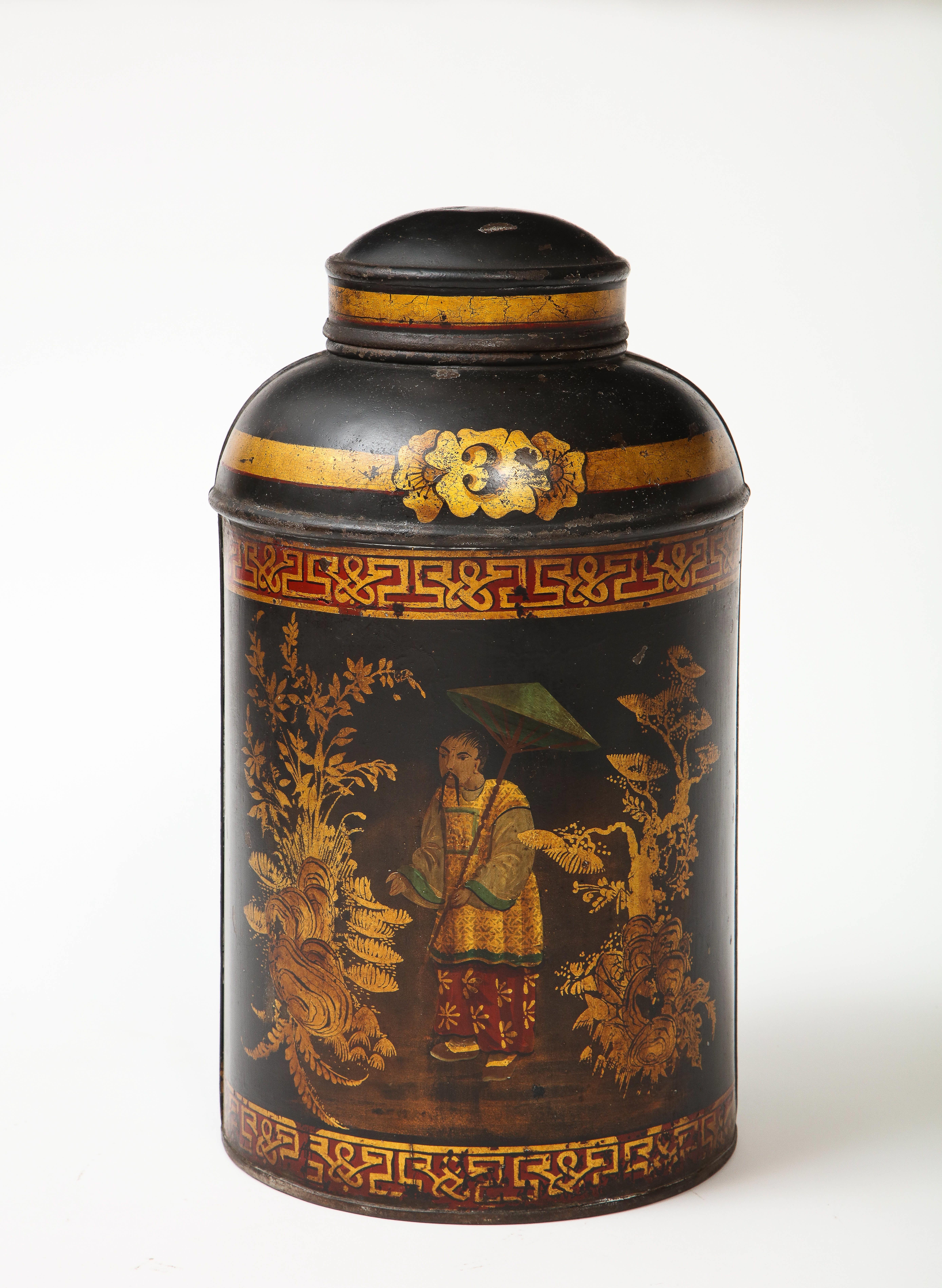 19th Century Set of Six English Chinoiserie Black and Gilt-Painted Tole Tea Canisters