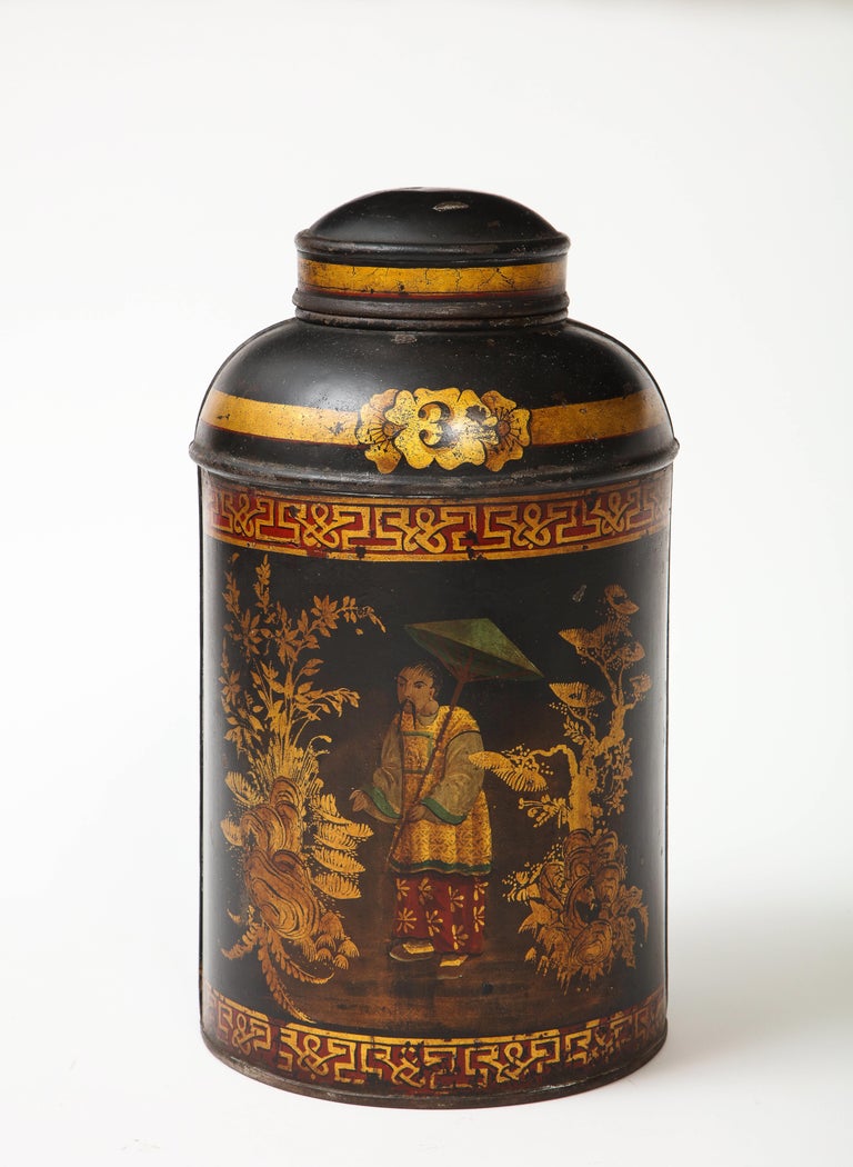 Metal Set of Six English Chinoiserie Black and Gilt-Painted Tole Tea Canisters For Sale