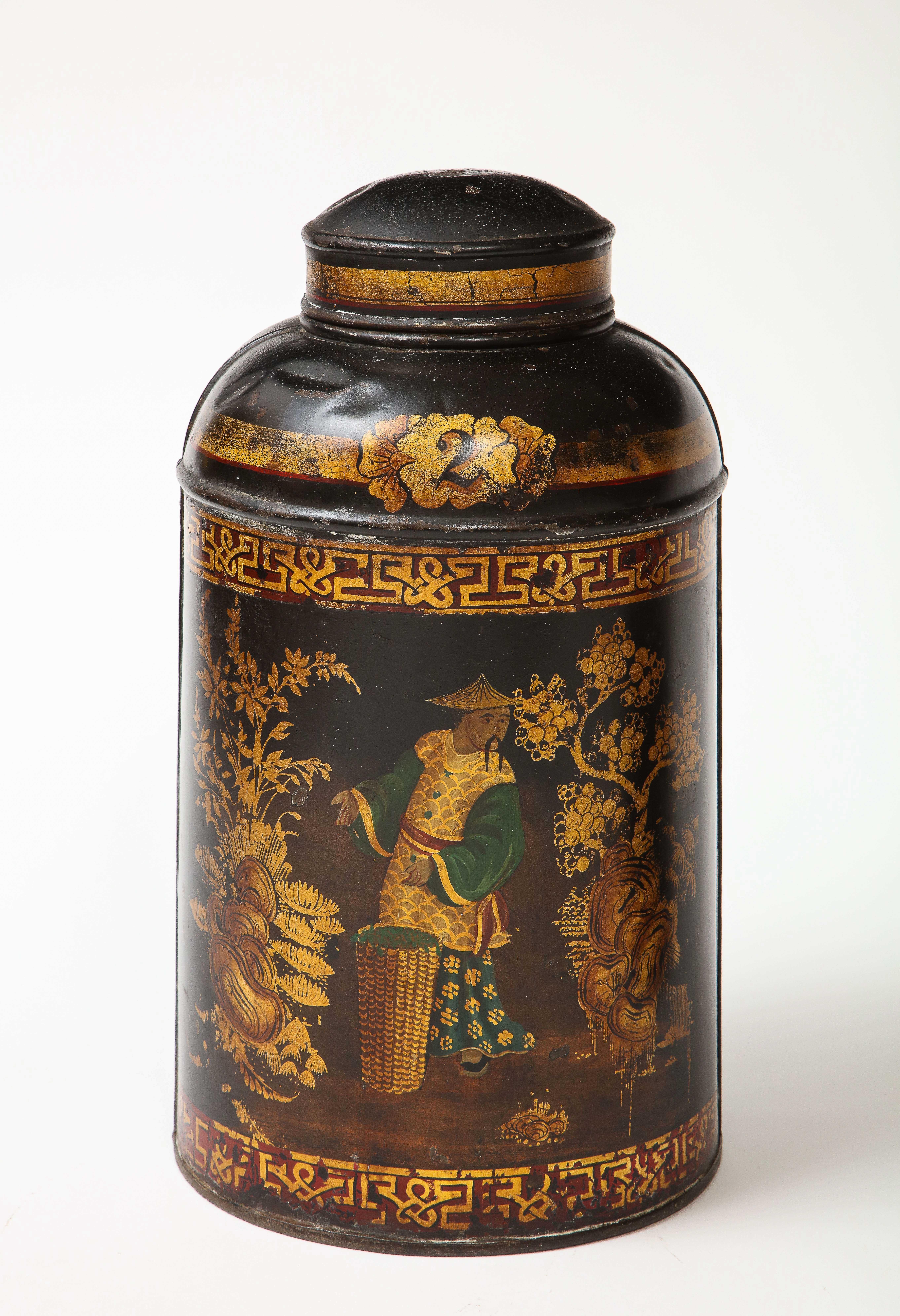 Metal Set of Six English Chinoiserie Black and Gilt-Painted Tole Tea Canisters