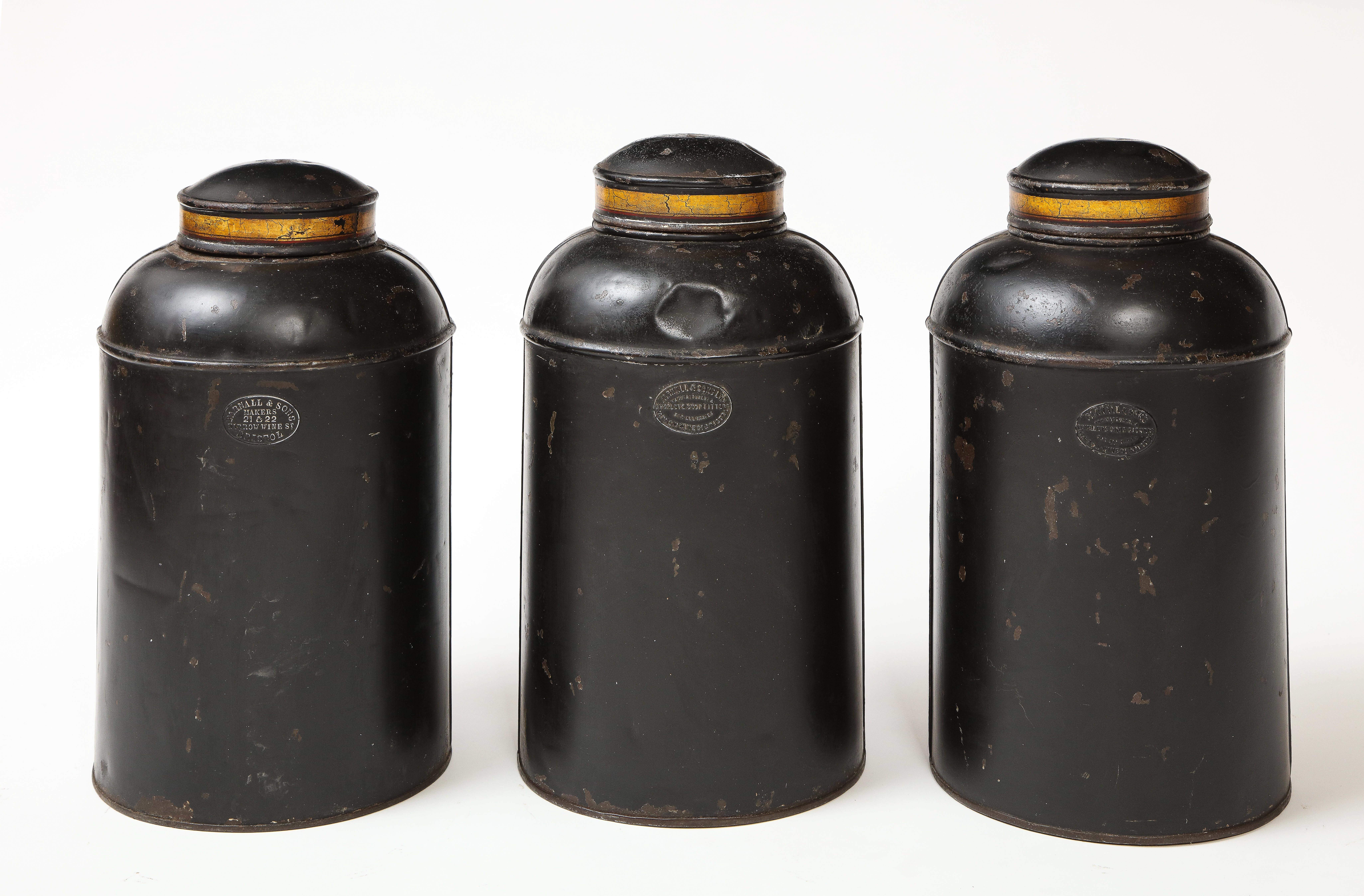 Set of Six English Chinoiserie Black and Gilt-Painted Tole Tea Canisters 1