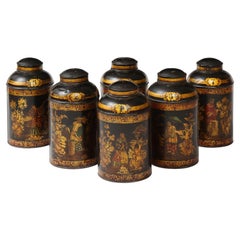 Antique Set of Six English Chinoiserie Black and Gilt-Painted Tole Tea Canisters