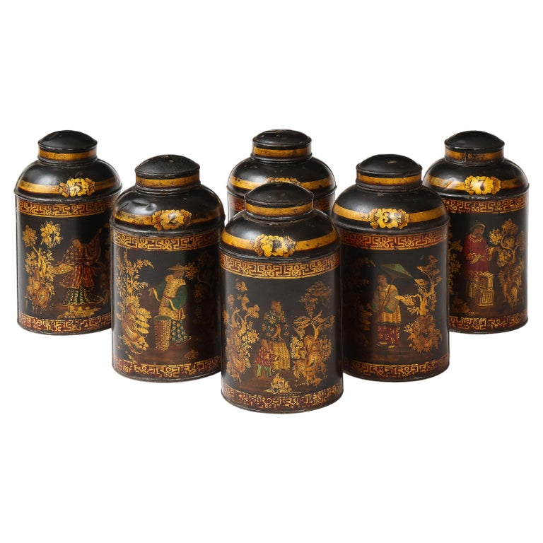 Set of Six English Chinoiserie Black and Gilt-Painted Tole Tea Canisters For Sale
