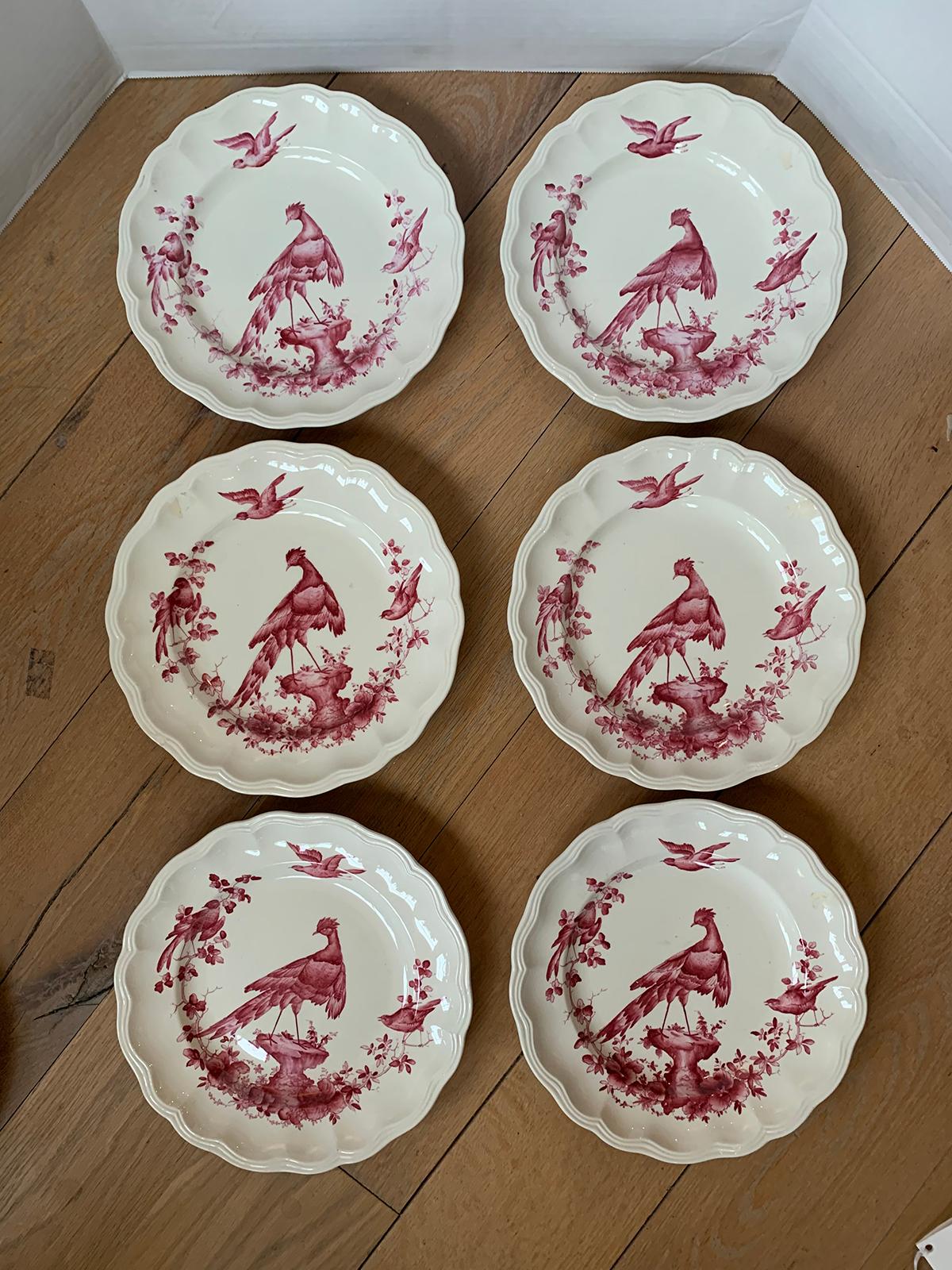 Set of six late 19th-early 20th century circa 1884-1929 English Copeland Spode red Chelsea bird pattern porcelain dinner plates with printed and impressed marks.