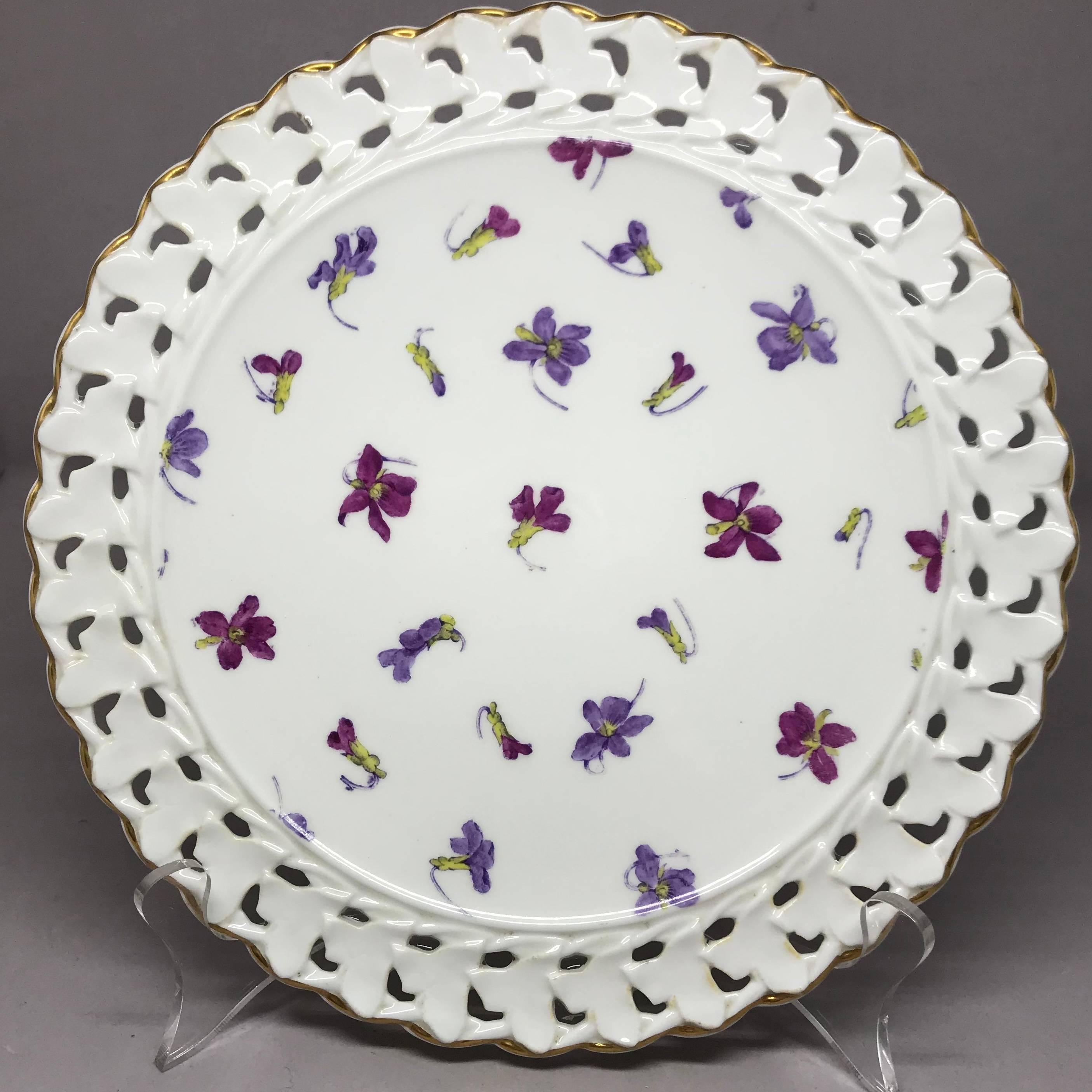 English Set of Six Pink and Purple Floral Gilt Plates For Sale