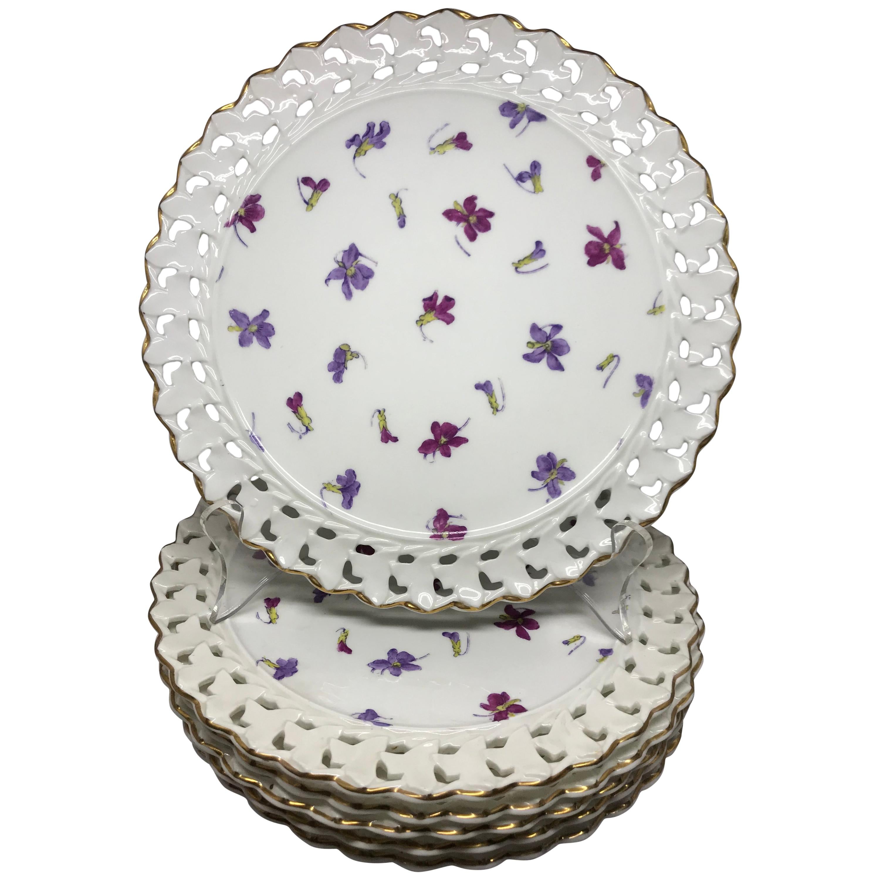 Set of Six Pink and Purple Floral Gilt Plates For Sale