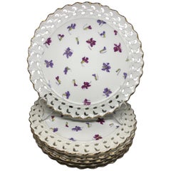 Used Set of Six Pink and Purple Floral Gilt Plates