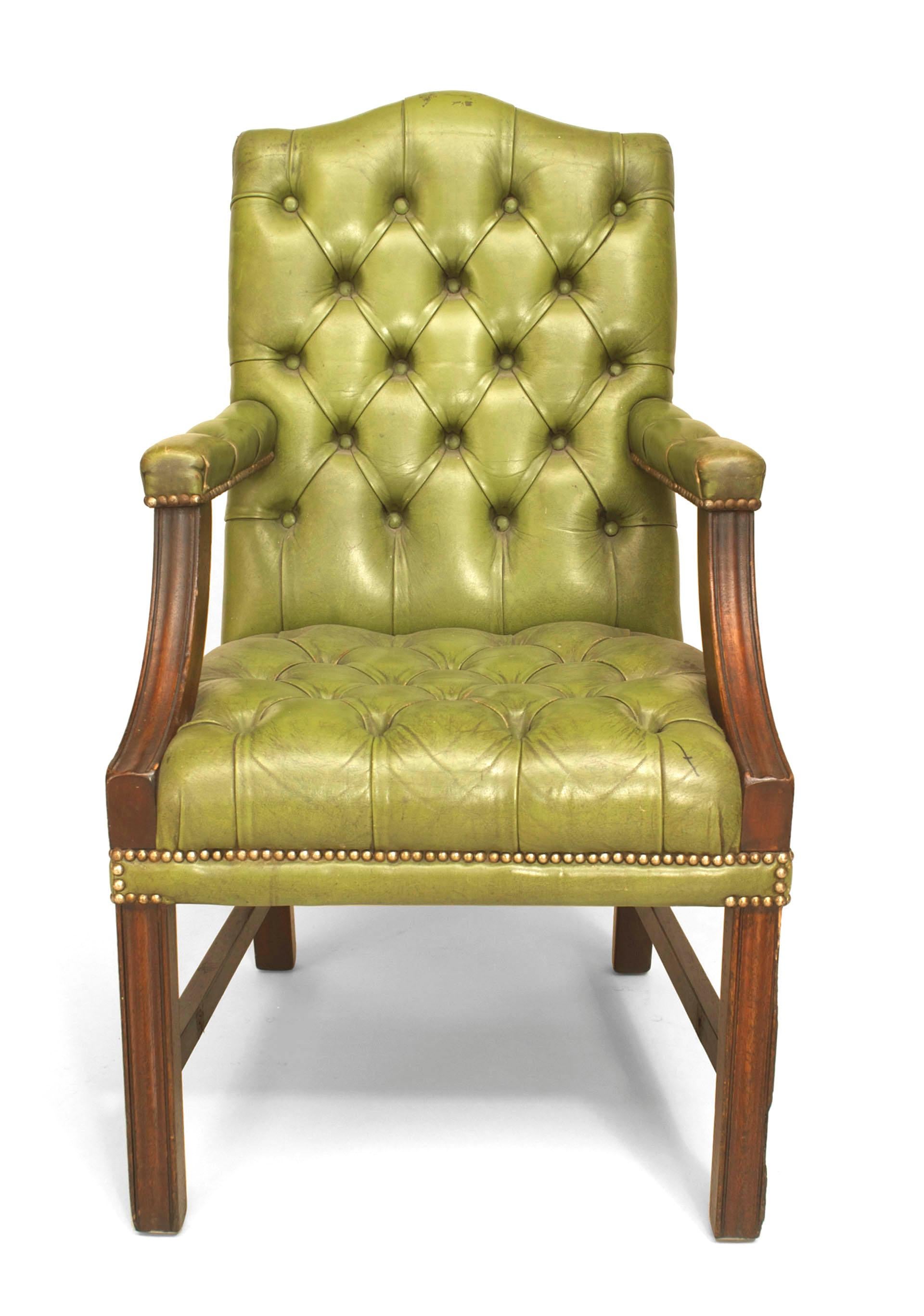 Set of 6 English Georgian style (late 19th Cent) mahogany arm open chairs with green tufted seat and back

