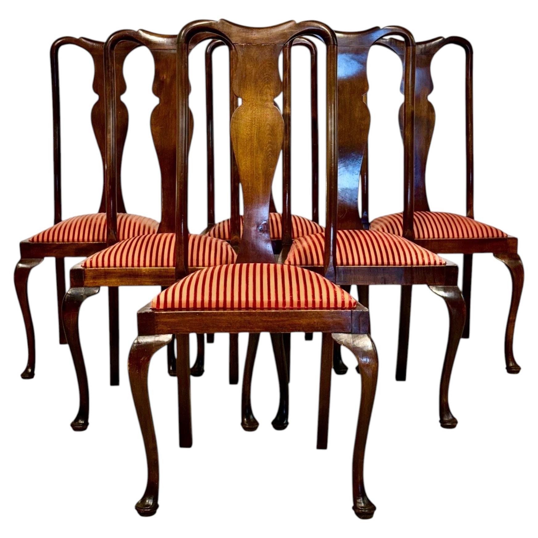 Set of Six English Georgian Walnut Dining Chairs, 19th Century