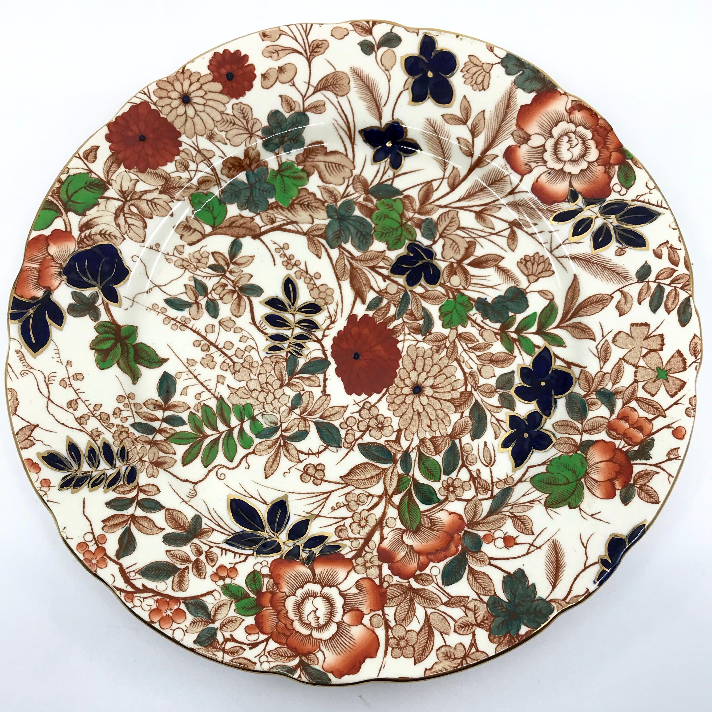 Hand-Painted Set of Six English Imari-Style Gilt Plates