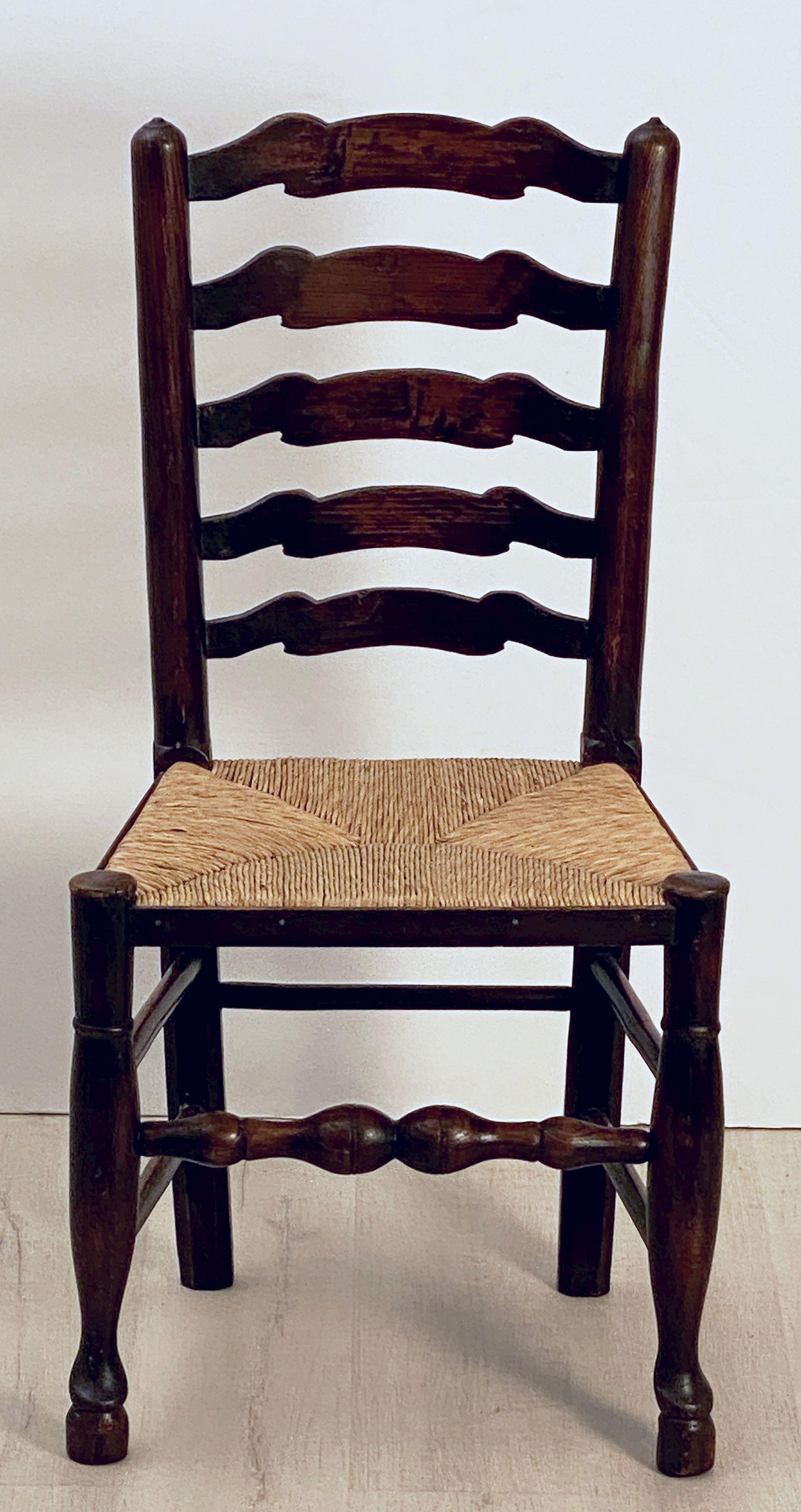 Turned Set of Six English Ladderback Rush-Seat Farm Chairs