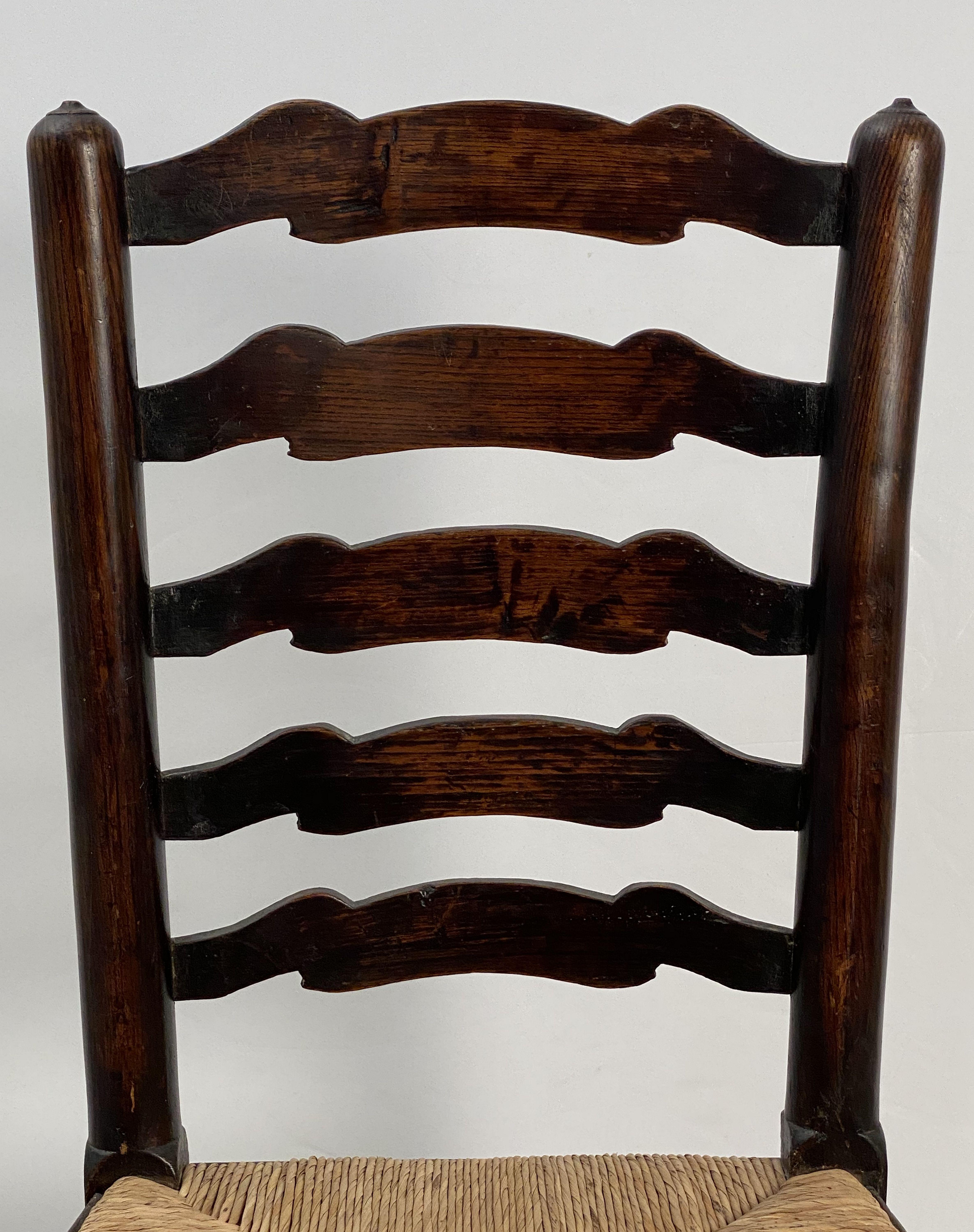 19th Century Set of Six English Ladderback Rush-Seat Farm Chairs