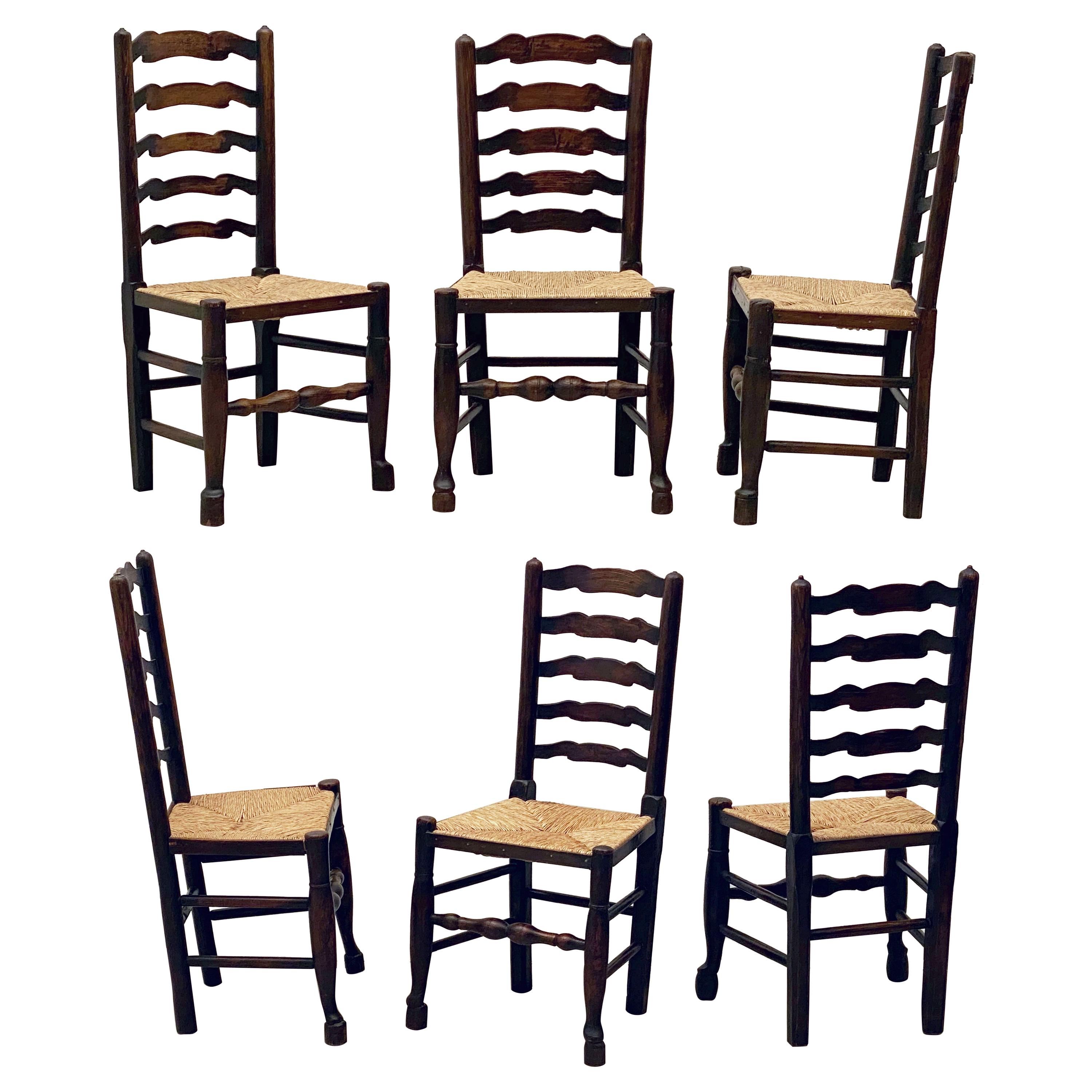 Set of Six English Ladderback Rush-Seat Farm Chairs