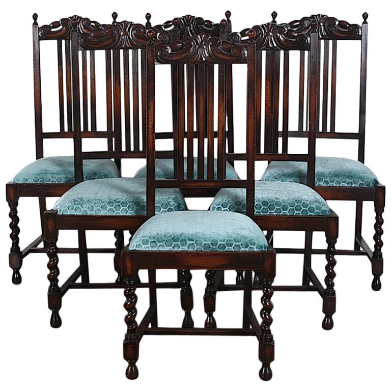 Set of Six English Oak Arts & Crafts Style Dining Chairs