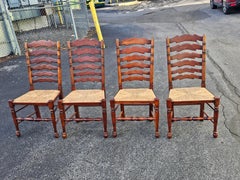 Set of Six English Oak Faux Bamboo Six-Splat Ladder Back Chairs with Rush Seats