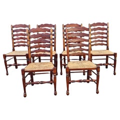 Set of Six English Oak Faux Bamboo Six-Splat Ladder Back Chairs with Rush Seats