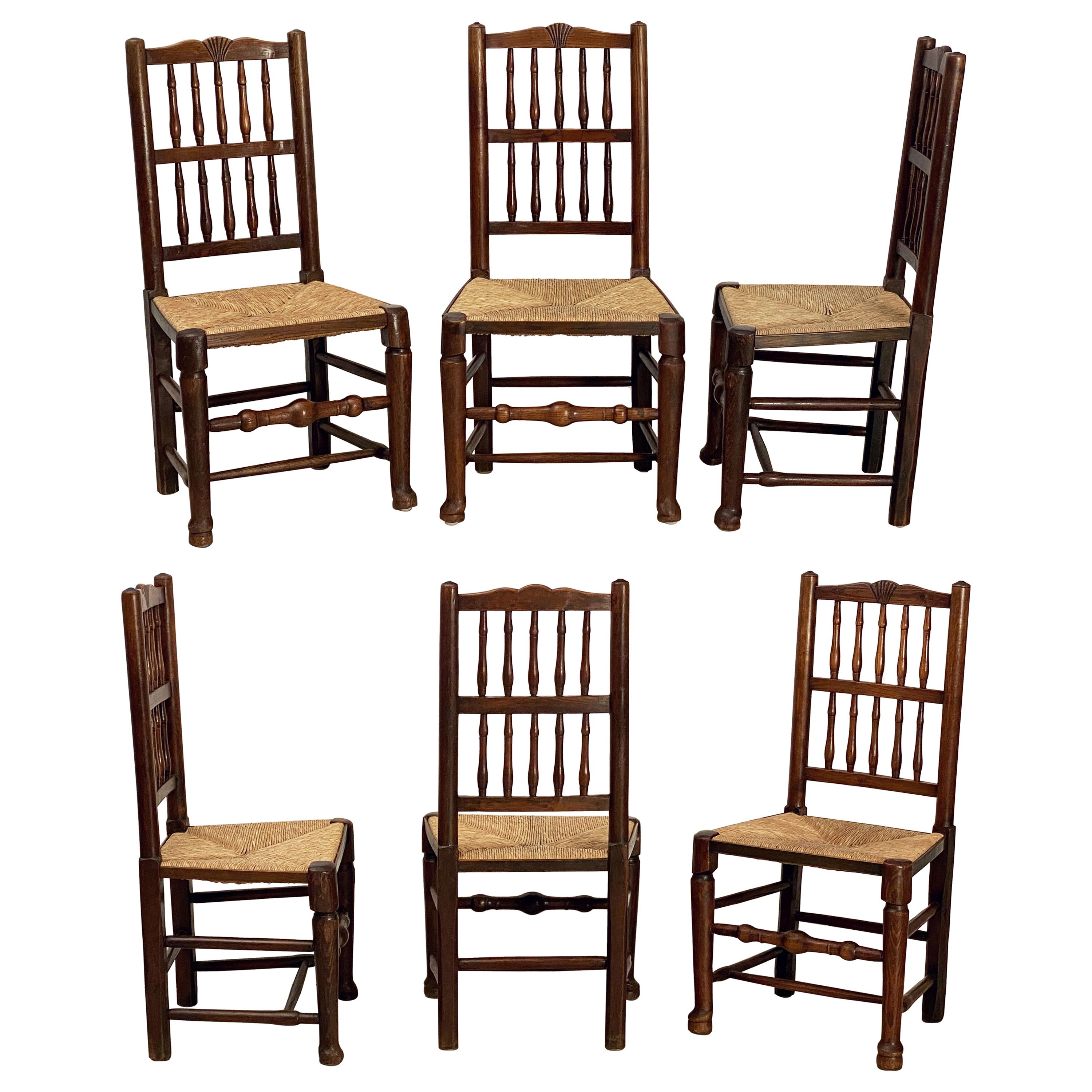 French Carved Oak Ladder Back Chairs with Rush Woven Seat, Set of Six