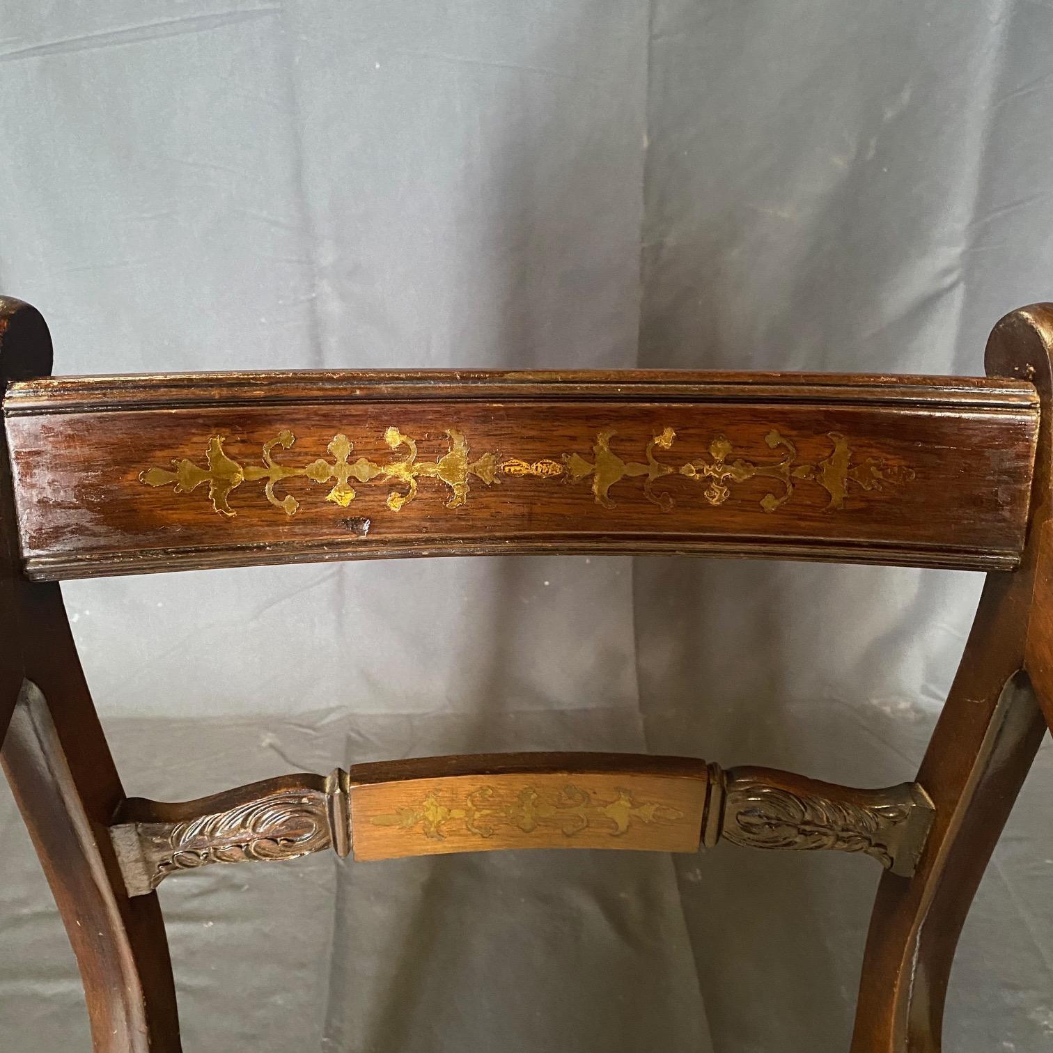 Set of Six English Regency Brass Inlaid Dining Chairs with Two Armchairs For Sale 7