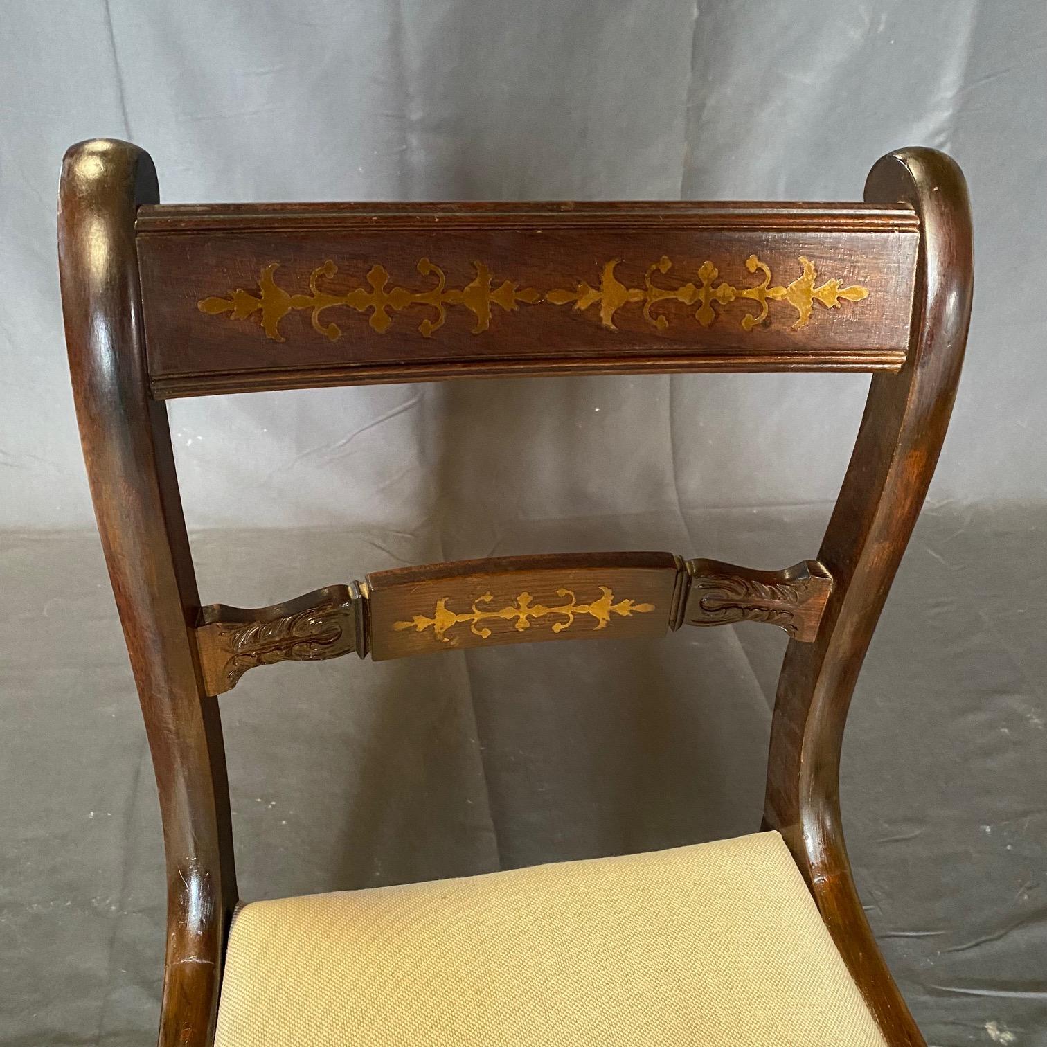 Set of Six English Regency Brass Inlaid Dining Chairs with Two Armchairs For Sale 8