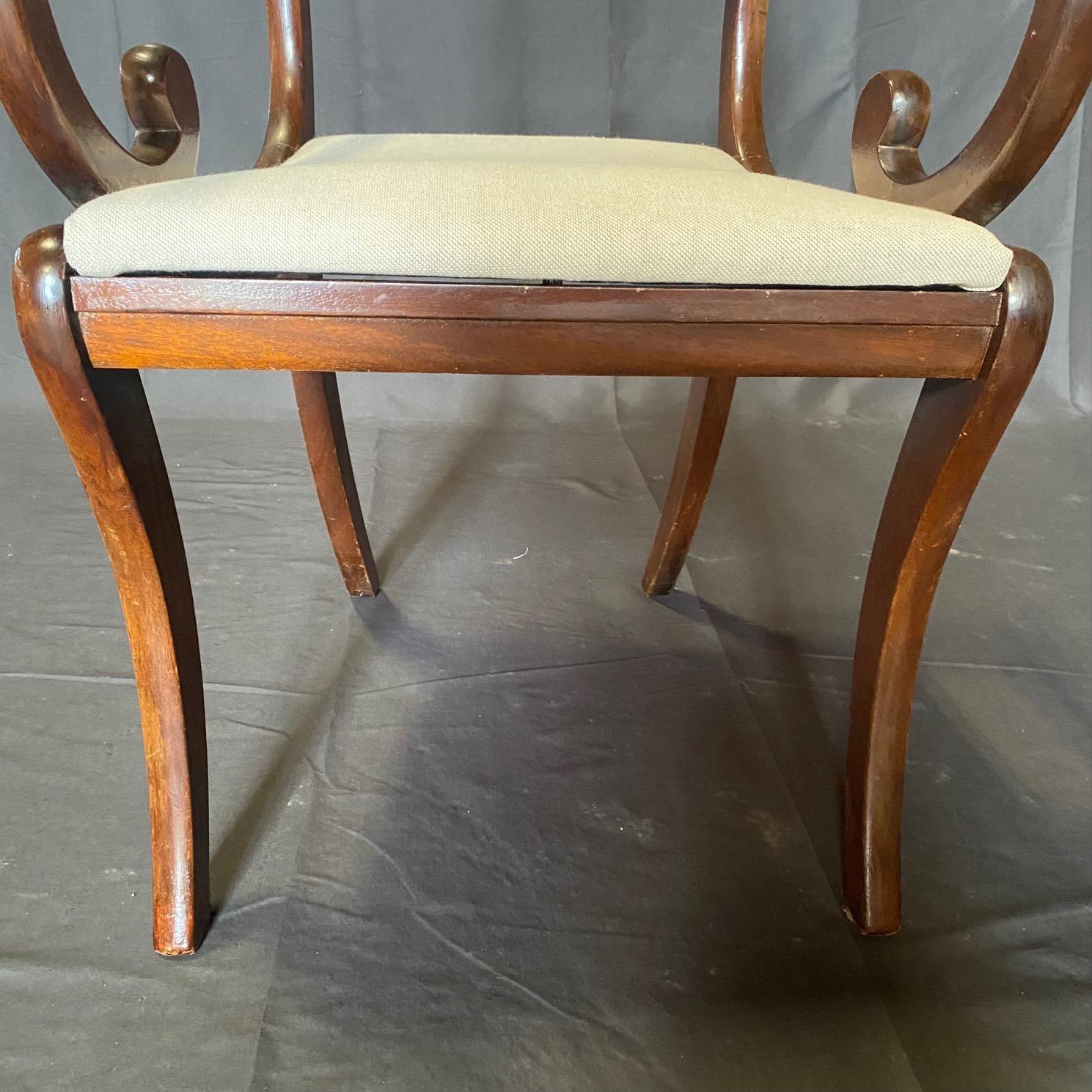 Set of Six English Regency Brass Inlaid Dining Chairs with Two Armchairs For Sale 9