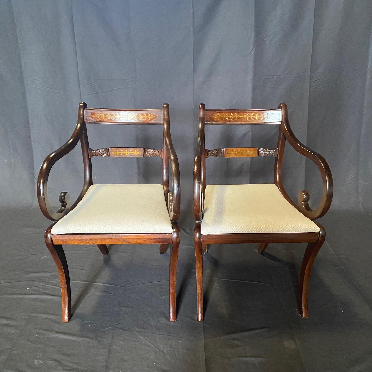 Set of Six English Regency Brass Inlaid Dining Chairs with Two Armchairs For Sale 14