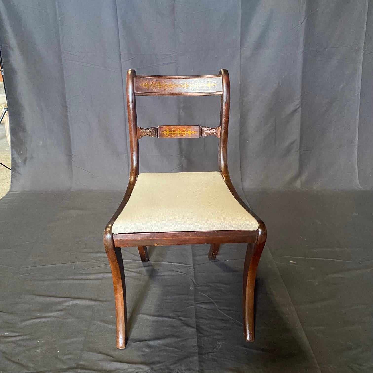 Set of Six English Regency Brass Inlaid Dining Chairs with Two Armchairs For Sale 5