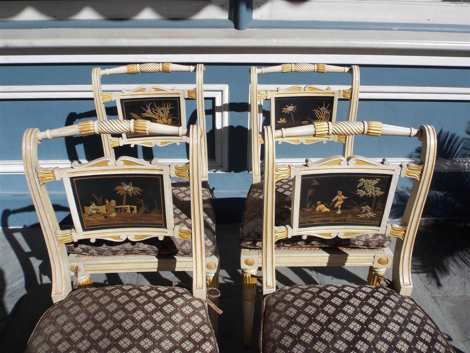 Early 19th Century Set of Six English Regency Chinoiserie Painted and Gilt Side Chairs, Circa 1810 For Sale