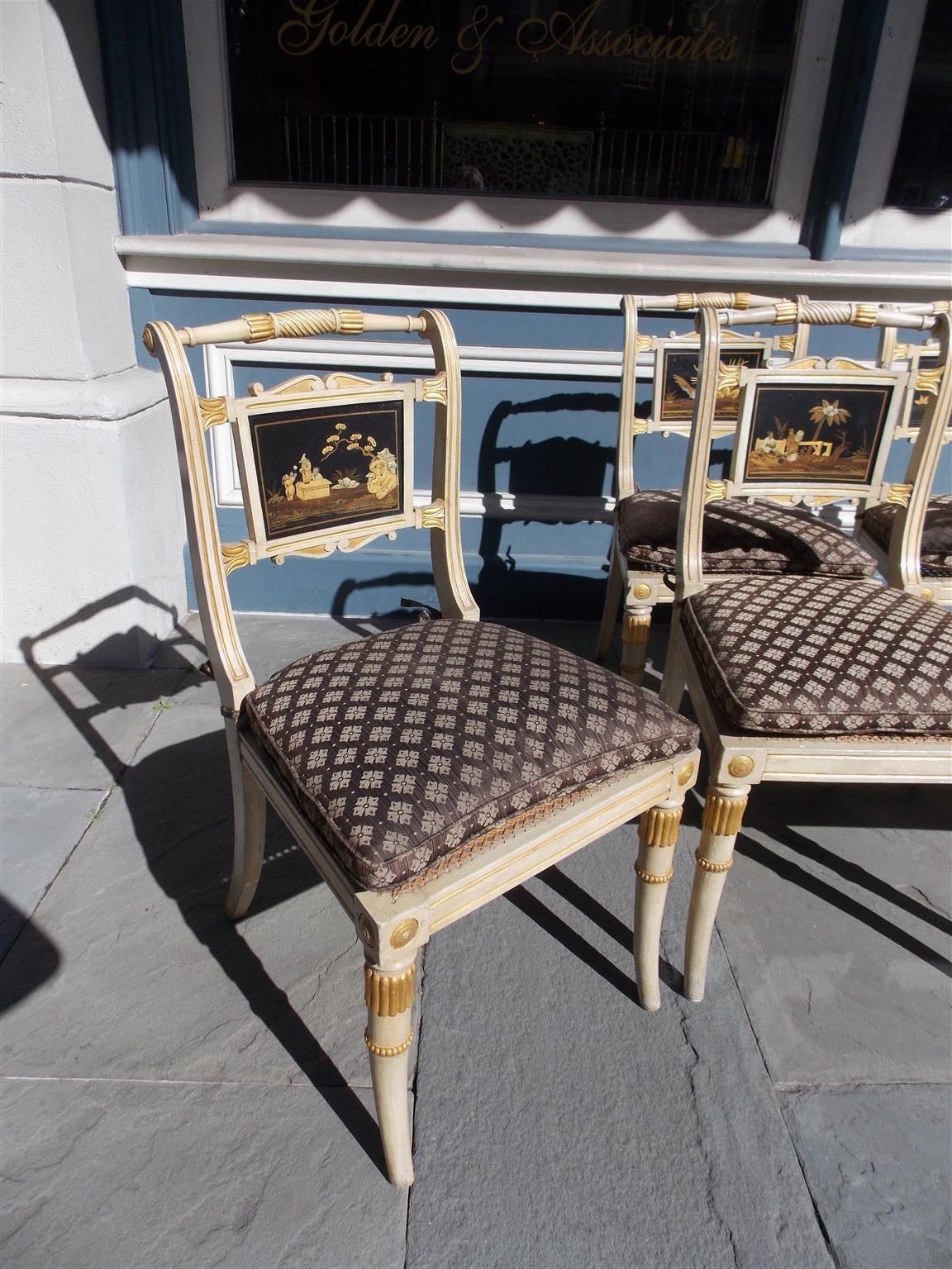 Gold Set of Six English Regency Chinoiserie Painted and Gilt Side Chairs, Circa 1810 For Sale