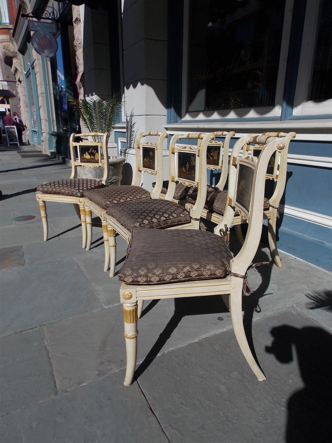 Set of Six English Regency Chinoiserie Painted and Gilt Side Chairs, Circa 1810 For Sale 3