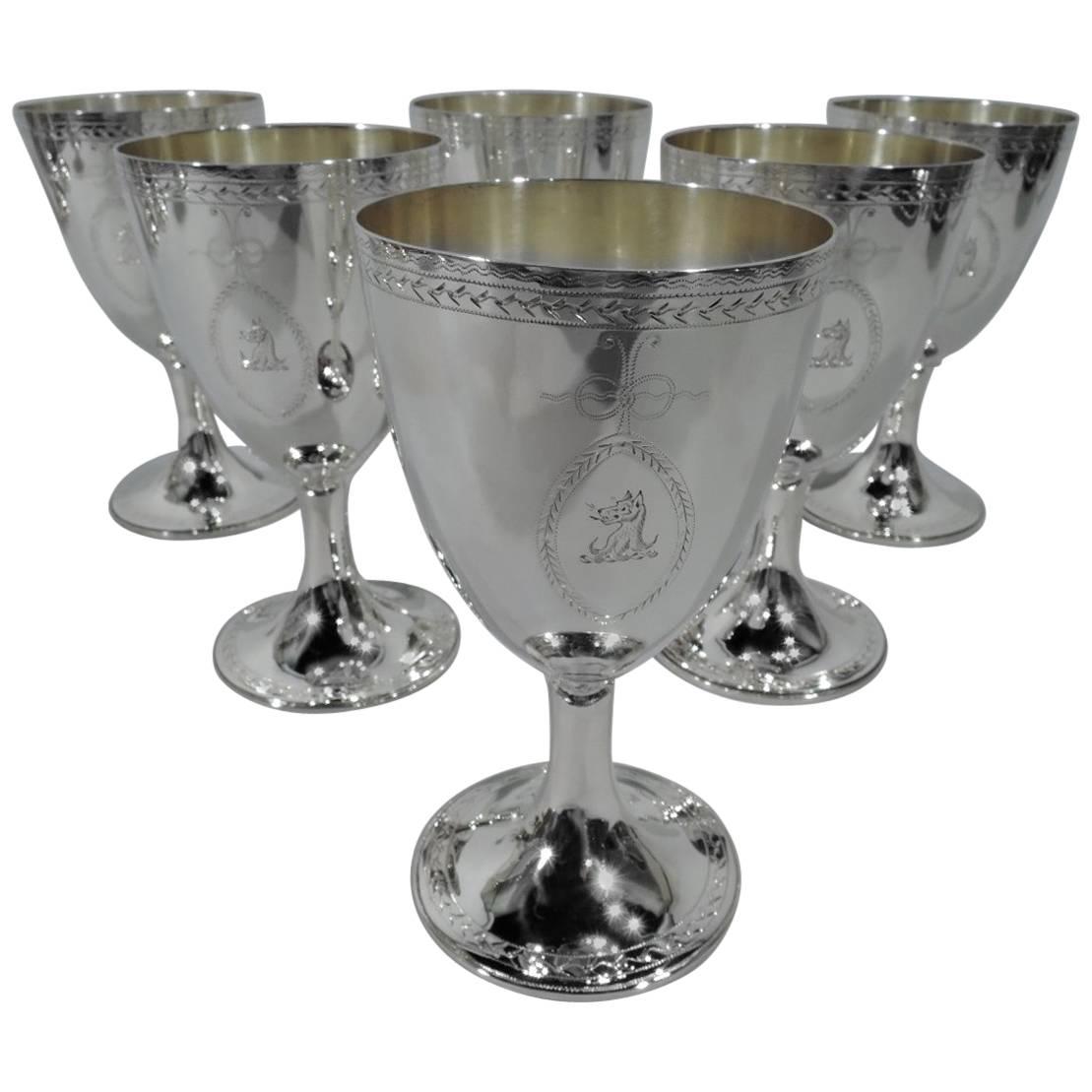 Set of Six English Regency Neoclassical Sterling Silver Goblets