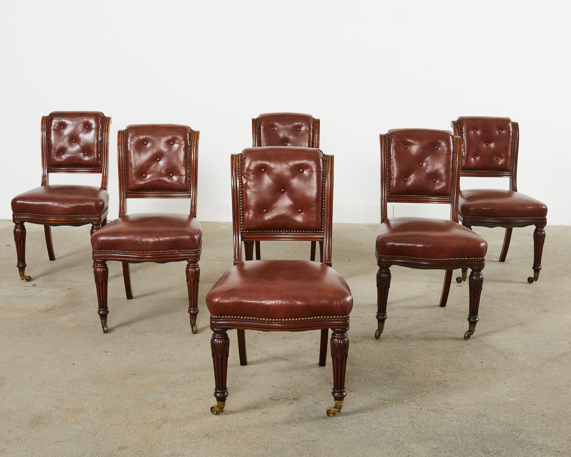 Patinated Set of Six English Regency Style Mahogany Leather Dining Chairs