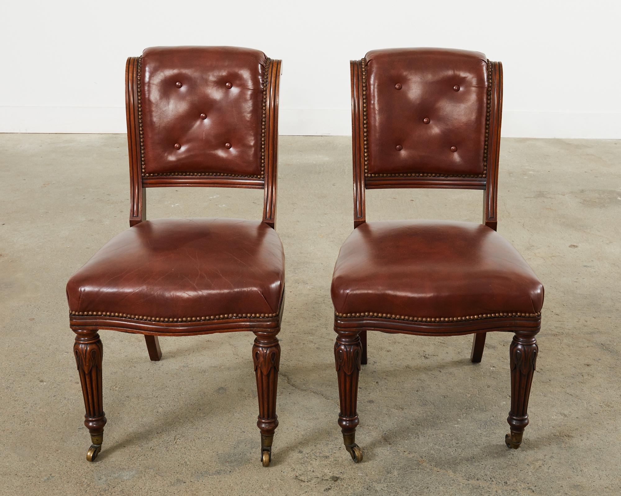Brass Set of Six English Regency Style Mahogany Leather Dining Chairs
