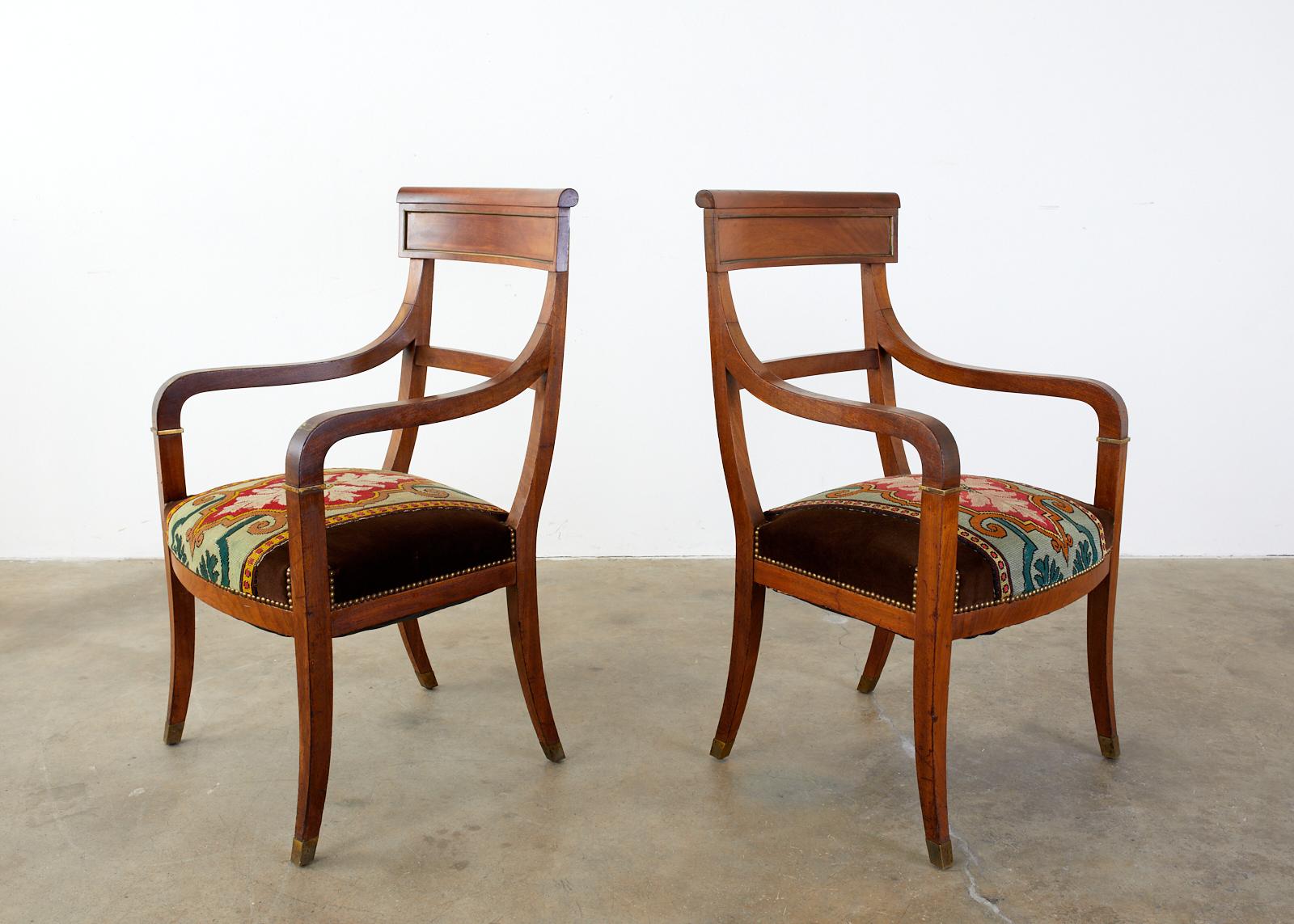 19th Century Set of Six English Regency Walnut Dining or Library Armchairs For Sale