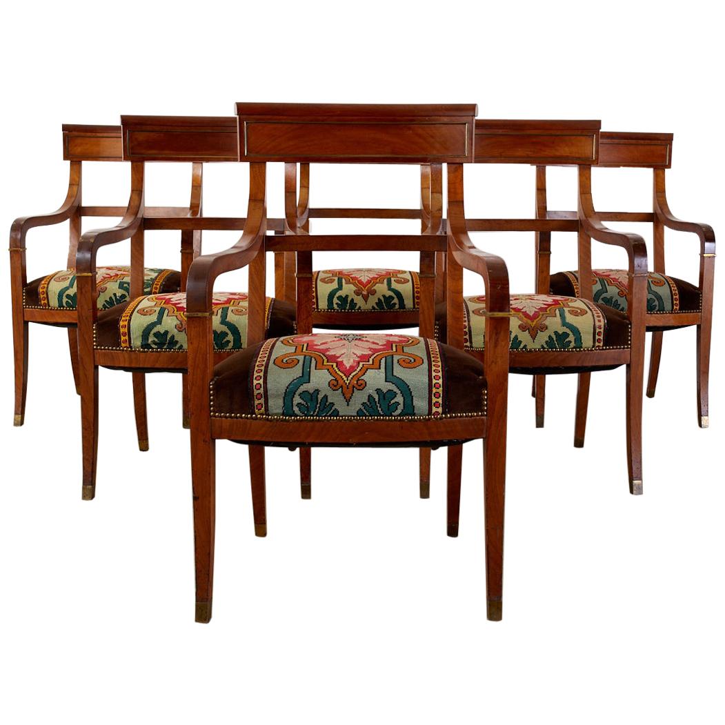 Set of Six English Regency Walnut Dining or Library Armchairs