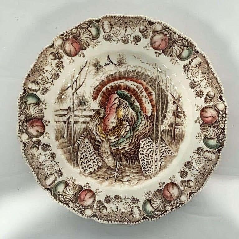 A set of six dinner plates featuring the Wild Turkey - His Majesty brown and white transfer-ware pattern by the celebrated English pottery firm, Johnson Brothers.

With authentic midcentury brown label on reverse - preferred by