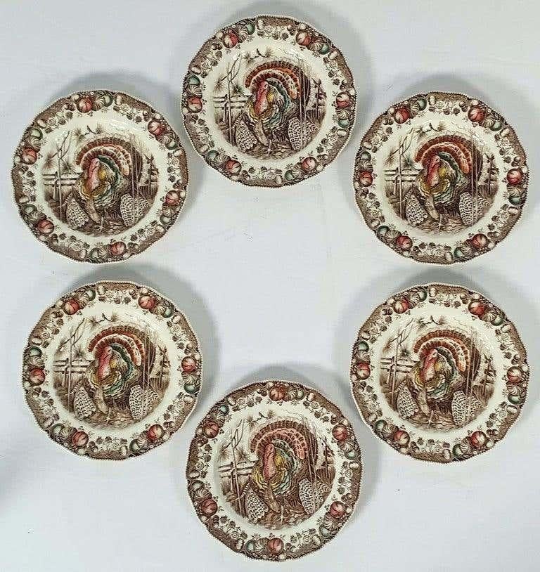 Earthenware Set of Six English Transfer-Ware Turkey Plates, His Majesty by Johnson Brothers For Sale