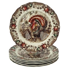 Retro Set of Six English Transfer-Ware Turkey Plates, His Majesty by Johnson Brothers